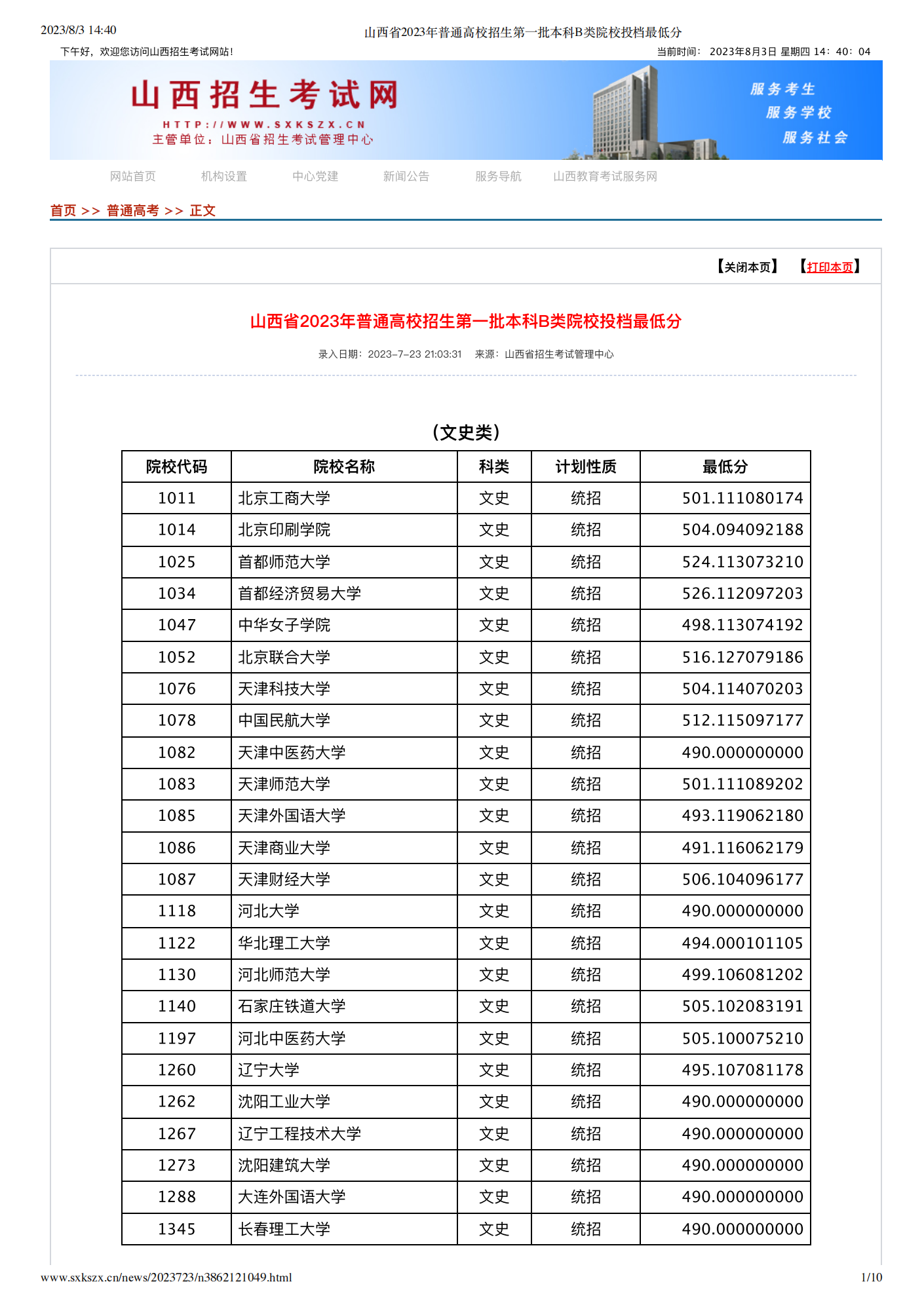 山西2023年高招本科一批B类院校投档最低分